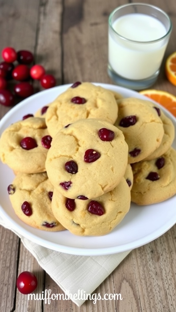 Chewy cranberry orange cookies on a plate with cranberries and orange slices.